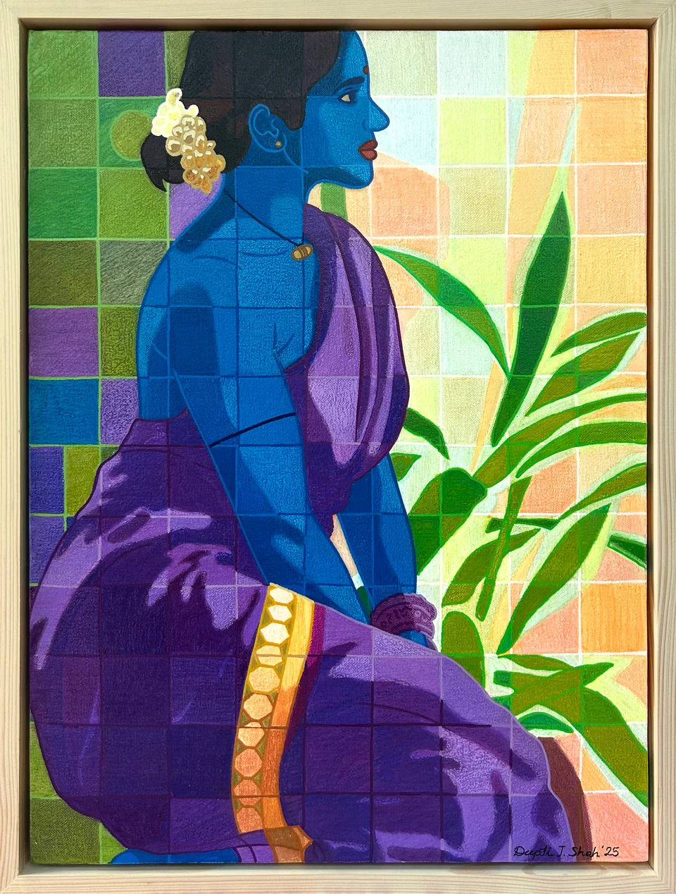 Timeless beauty by Deepti J. Shah — A blue-toned figure in a purple saree sits beside a floral backdrop.