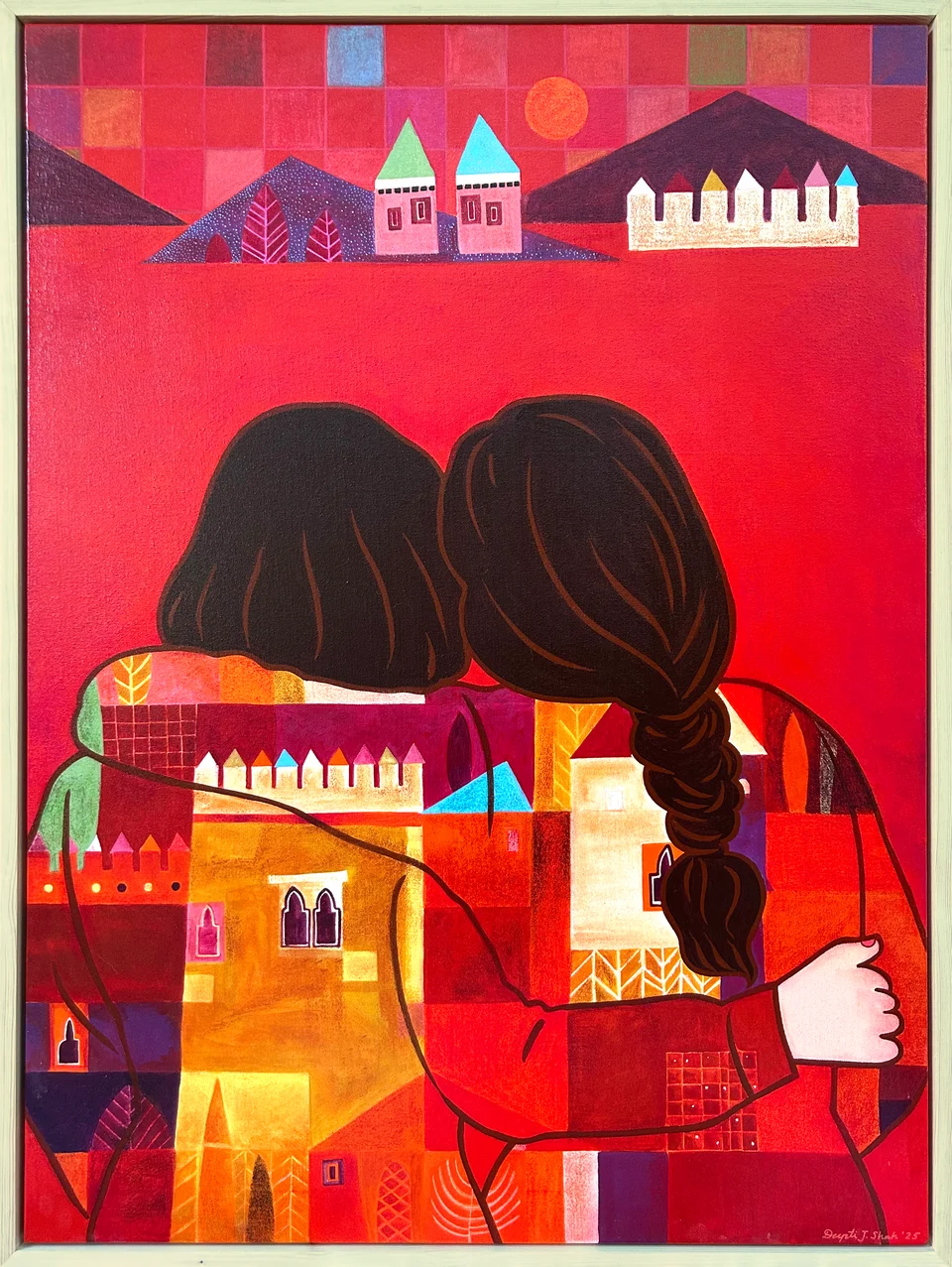 Where Dreams Overlap by Deepti J. Shah — Two figures sit close together with their arms around one another, facing a landscape of houses, mountains and a sun.