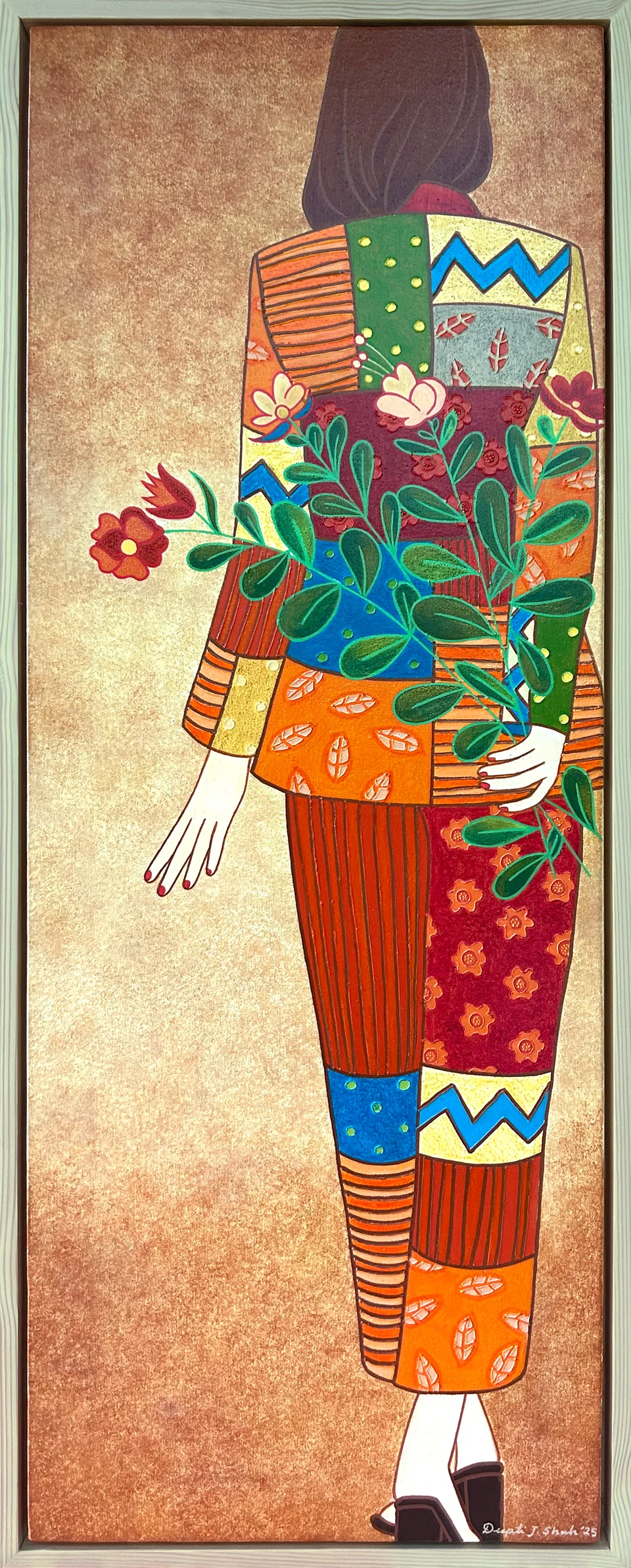 Floral Path by Deepti J. Shah — A figure is shown from behind in a patterned, patchwork-style outfit, carrying flowers.