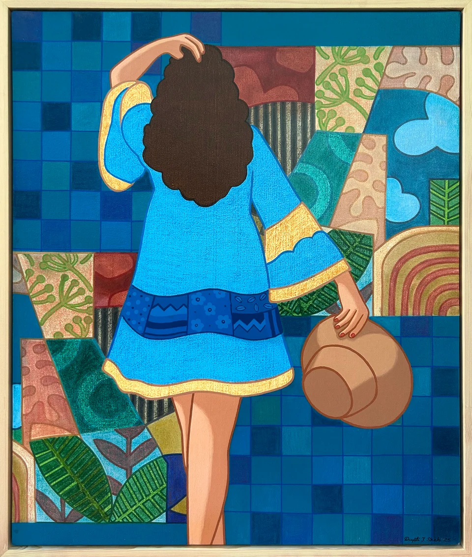 Wanderer by Deepti J. Shah — A figure seen from behind holds a hat within a field of blue, green and earthy patterns.