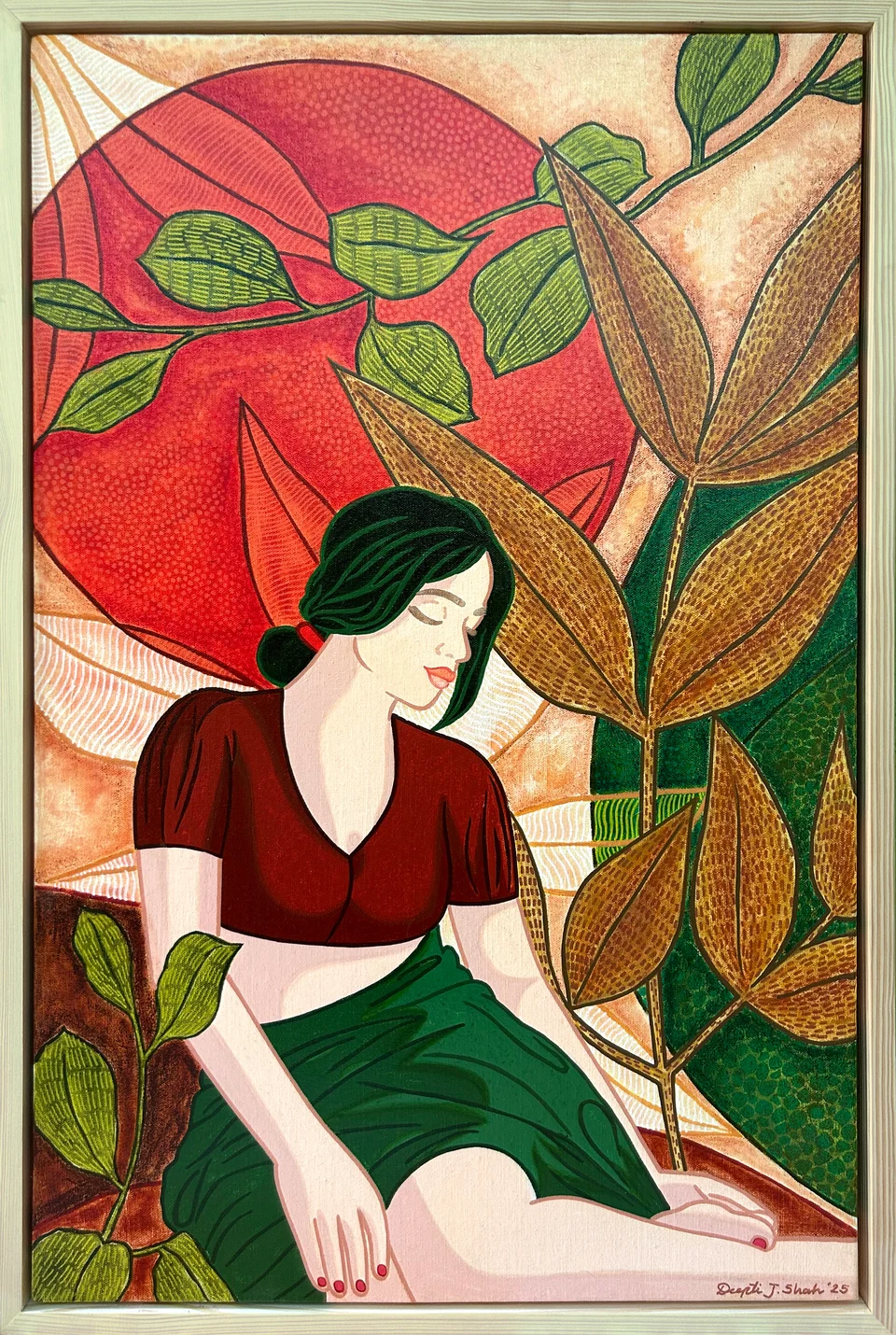 Nature’s Lullaby by Deepti J. Shah — A seated figure rests among large leaves beneath a warm circular form.