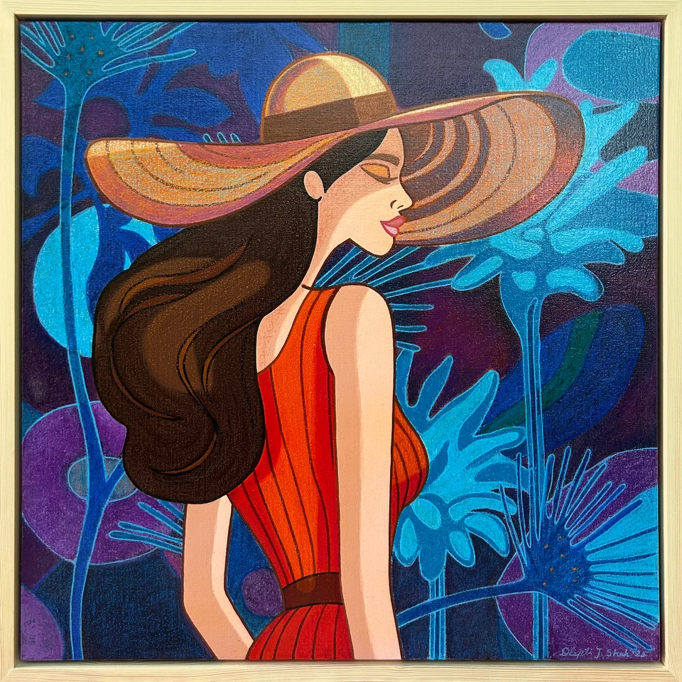 The Hat by Deepti J. Shah — A figure in a flowing red dress wears a wide-brimmed hat against a blue-purple floral background.