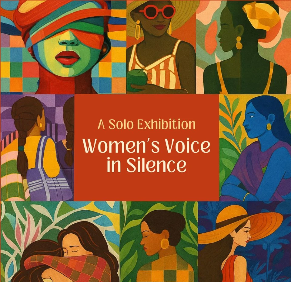 Invitation artwork for Women’s Voice in Silence, a solo exhibition by Deepti J. Shah