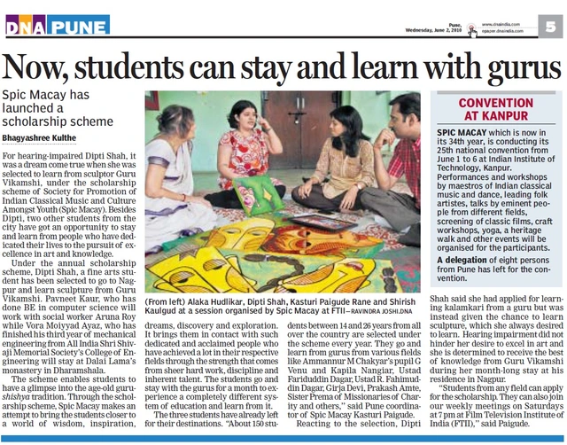 DNA Pune clipping dated 2 June 2010, headed Now, students can stay and learn with gurus, reporting SPIC MACAY scholarship selection and a Nagpur training opportunity.