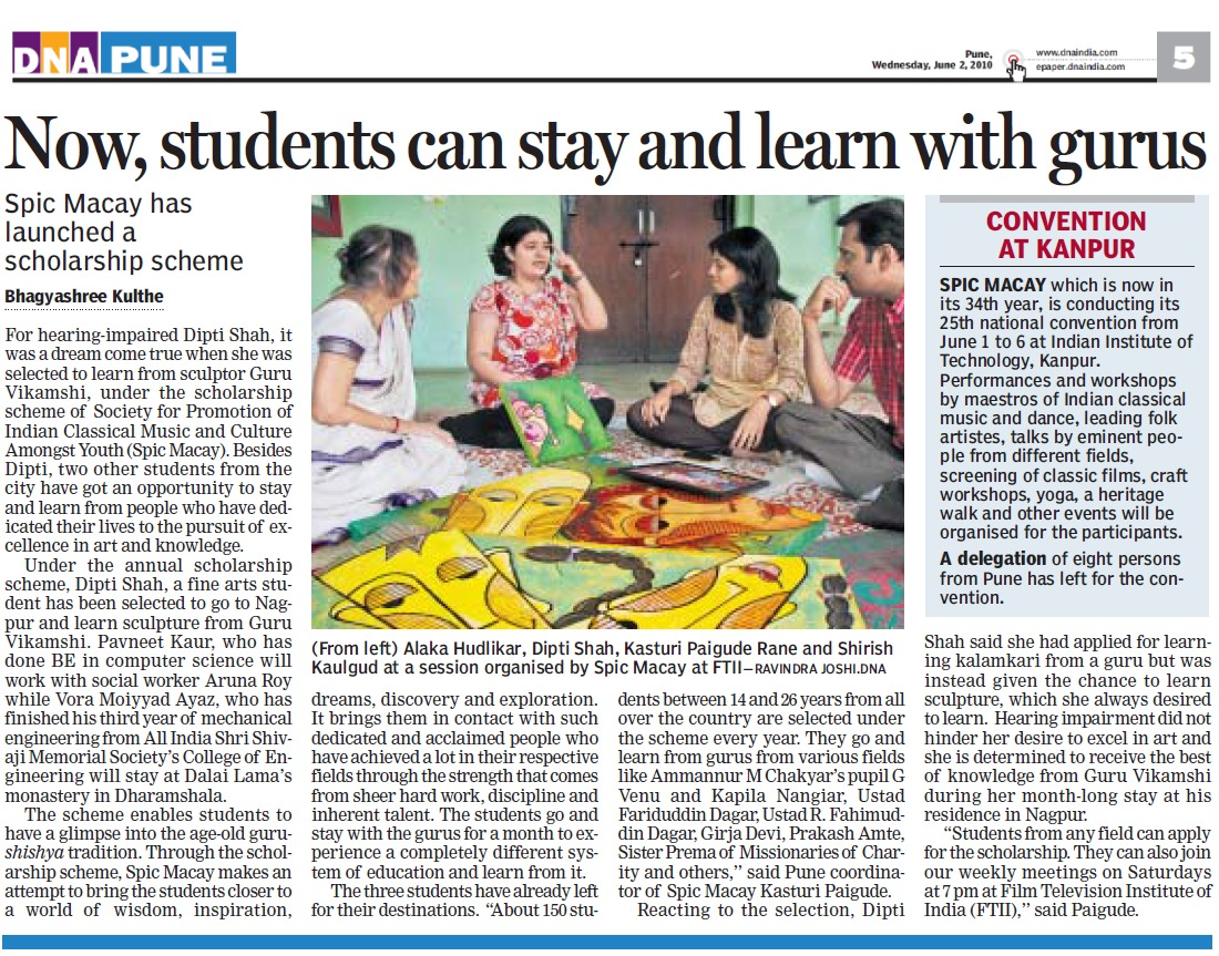 DNA Pune clipping dated 2 June 2010, headed Now, students can stay and learn with gurus, reporting SPIC MACAY scholarship selection and a Nagpur training opportunity.